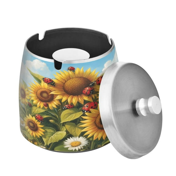 (9.3*9.3*9.7inch)Ashtray with Lid for Cigarette, Stainless Steel Smokeless Odorless Windproof Ashtrays, for Home Office Tabletop Outside Patio Outdoor Balcony Several Sunflower