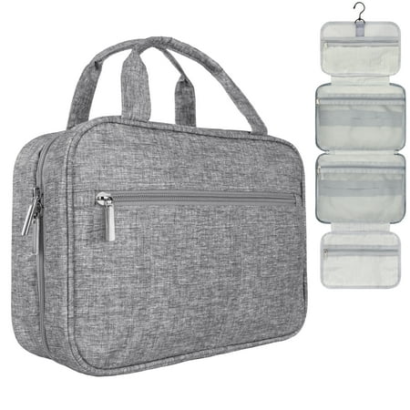 PAVILIA Hanging Toiletry Bag Women Men, Travel Toiletries Bag, Foldable Roll up Cosmetics Toiletry Bag Organizer for Makeup Accessories, Water Resistant Mesh Pocket (Heather Grey)