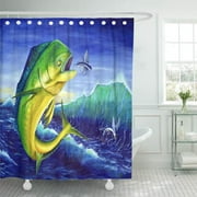 CYNLON Blue Matt Mahi Chasing Flying Fish Bath Fishing Fisherman Bathroom Decor Bath Shower Curtain 66x72 inch