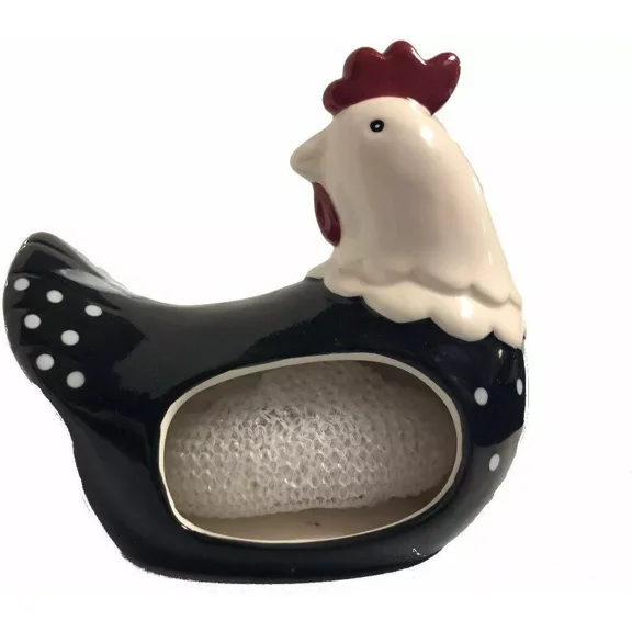 BLACK CHICKEN Scrubby Ceramic Holder with Scrubbie Sponge Kitchen Sink Scouring Pad