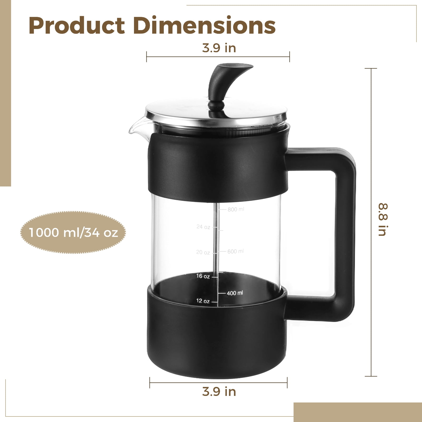 Press Coffee Maker, 34 oz Heat Resistant Thickened Borosilicate Glass Coffee Pot, Tea Maker with Fine 80 Mesh Filter & No-drip Spout, Large Capacity Brewer for Home, Office