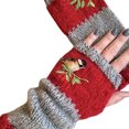 thumbnail image 2 of Hweilai Women Autumn Winter Bird Embroidered Gloves Knit Fingerless Color Block Mitten, 2 of 2