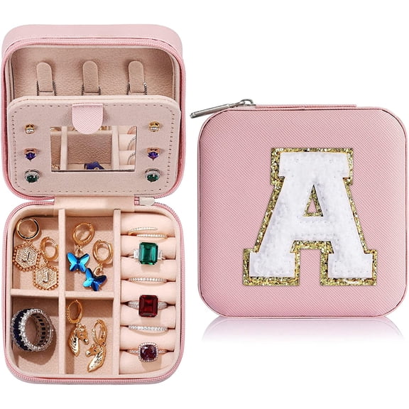 Christmas Stocking Stuffers Gifts for Teenage Girls Kids Grandkids, Gifts for 5 6 7 8 9 10 11 12 13 14 15 Year Old Girls, Travel Jewelry Case Small Jewelry Box | Letter A, Pink