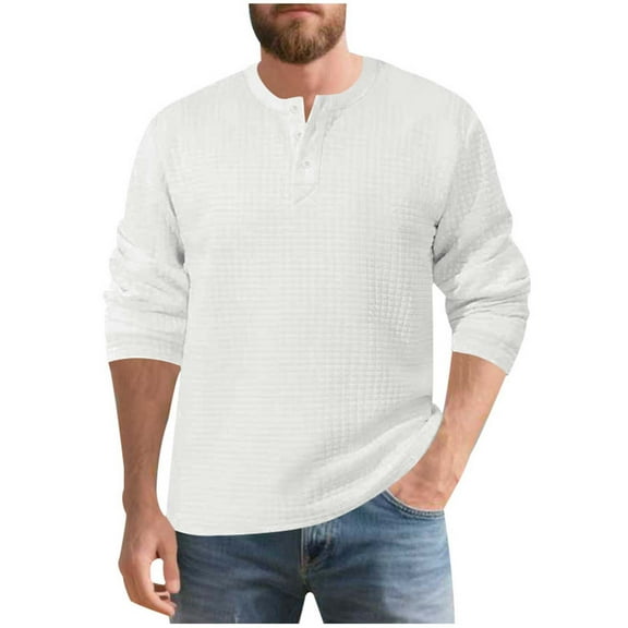 Men's Henley Shirts Long Sleeve Waffle Casual Pullover T-Shirts Basic Textured 1/4 Button Lightweight Shirts Top (XL, White)