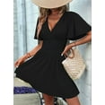thumbnail image 2 of Women V Neck Mini Dress Summer Ruffle Sleeves A Line Elastic High Waist Flowy Swing Dresses Black XL, 2 of 7