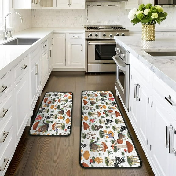 Mushroom Kitchen Floor Rugs 2Pcs Mushroom Washable Mats for Bathroom Restaurant Decor Non Slip Waterproof Standing Kitchen Runner Mats 17”x30” 17”x47”
