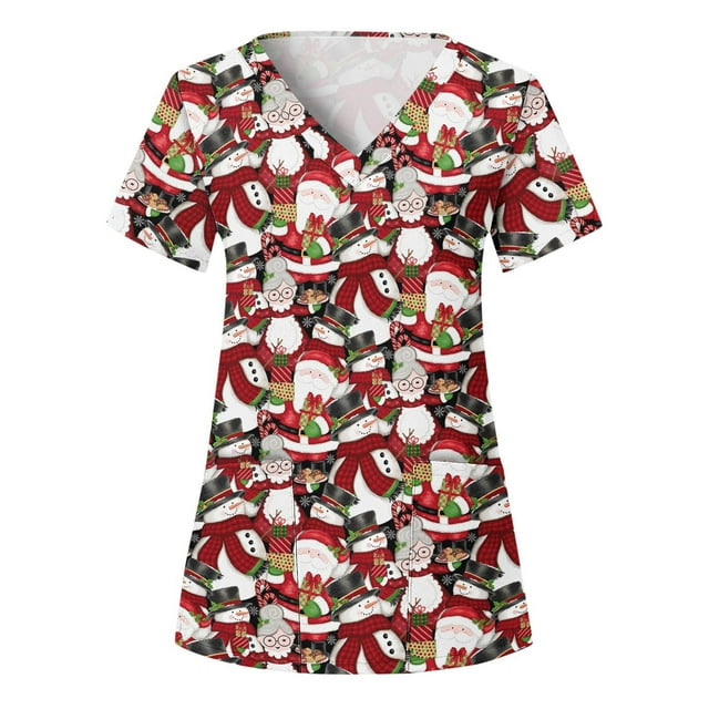 LSLJS Hauts à Manches Courtes à Col en V pour Femmes, Blouse à Poche Imprimée d'Uniforme de Travail, Hauts de Sarrau de Noël