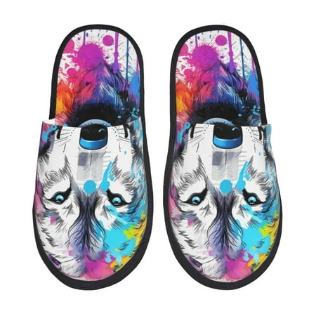 Balery Cool Colorful Wolf Slient Indoor Furry Fleece Comfort House Shoes Soft Non-Slip Home Shoes Cotton slippers House Slippers-- Large