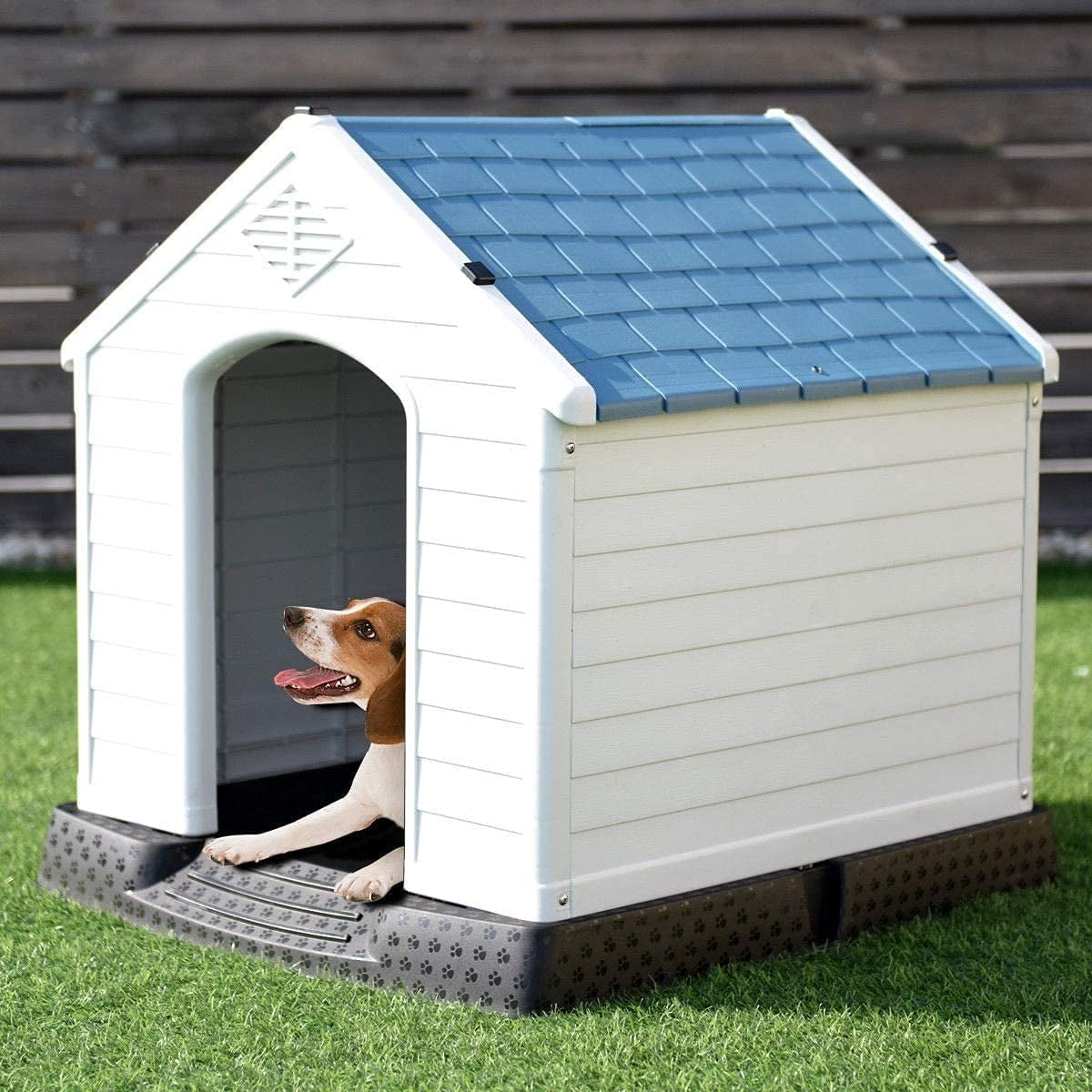 WJSP Large Dog House Outdoor 34in Blue Plastic Waterproof Pet Kennel with Air Vents Elevated Floor for Big Dogs Garden Outside
