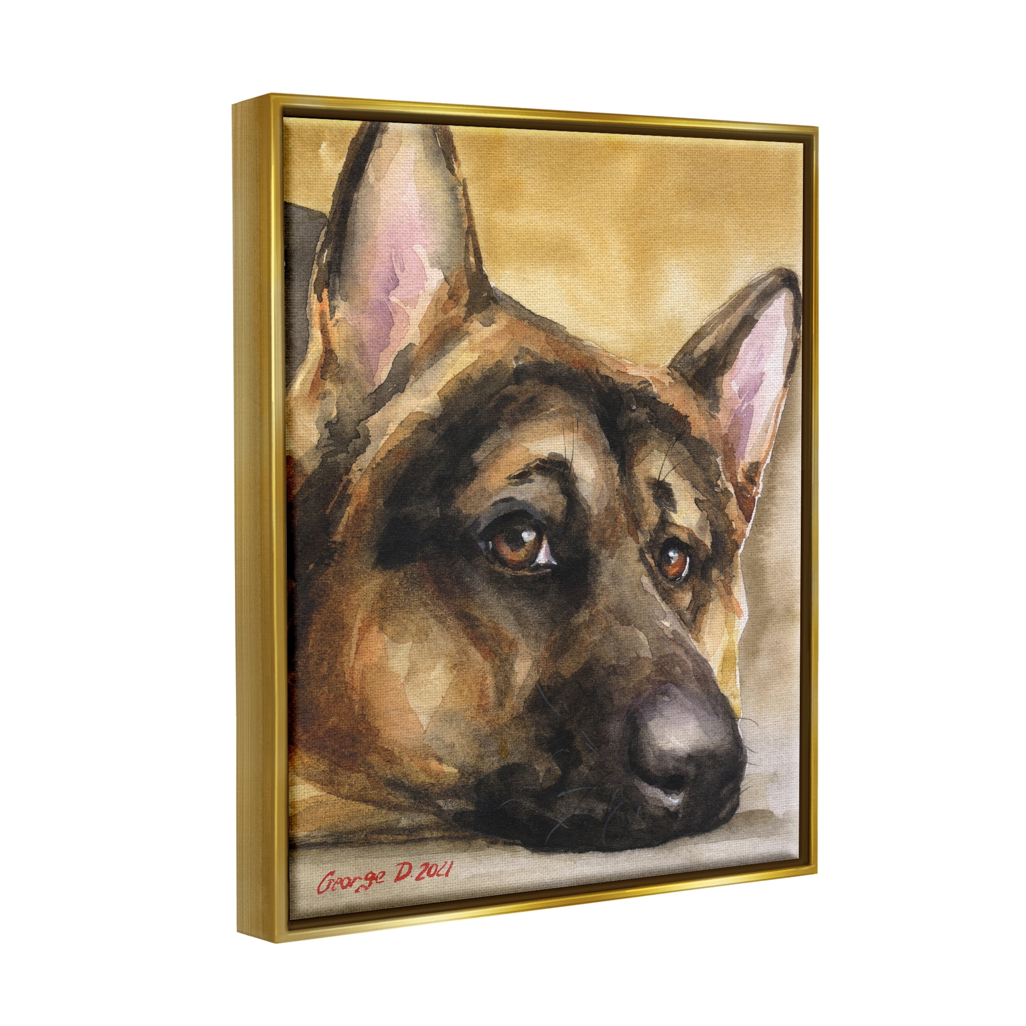 Stupell Industries German Shepherd Dog Sympathetic Gazing Animal Portrait Painting Metallic Gold Floating Framed Canvas Print Wall Art, Design by George Dyachenko