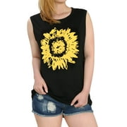 HAPPIERE Women’s Tank Top Sleeveless Tee Shirts Yellow Sunflower Black color Size L
