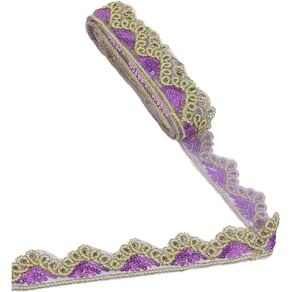 1.7 Inch Purple Gold Embroidery Lace Trim Wavy Edge Glitter Metallic Sequin Bead Ribbon Embroidered Sequins Beaded Applique Lace Trimming Bulk for Sewing Making Crafts Clothes Dress