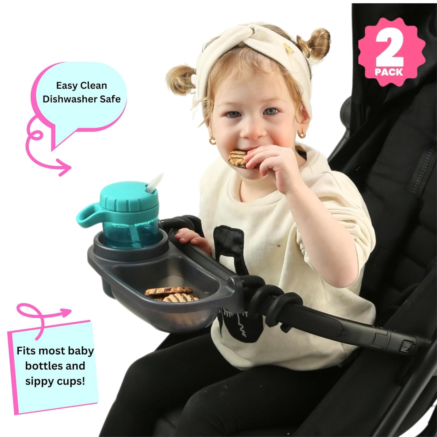 Universal Stroller Snack Tray | Pack of 2 | Compatible with Nuna | Stroller Cup Holder | Bumper Bar | Stroller Tray Attachment with Cups Holder for Baby Toddler | Stroller Accessories