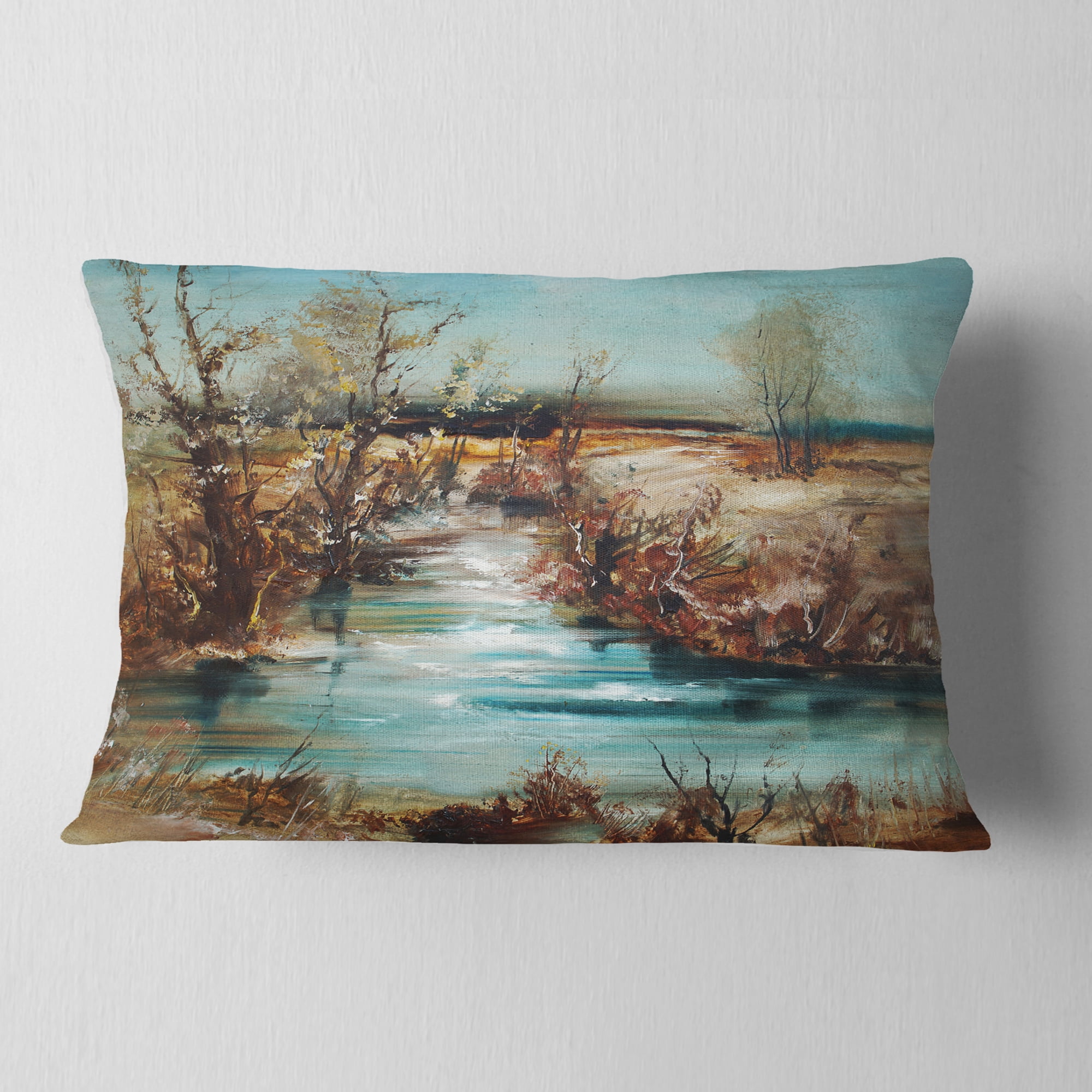 Designart Trees and Creek Oil Painting - Landscape Painting Throw Pillow - 12x20