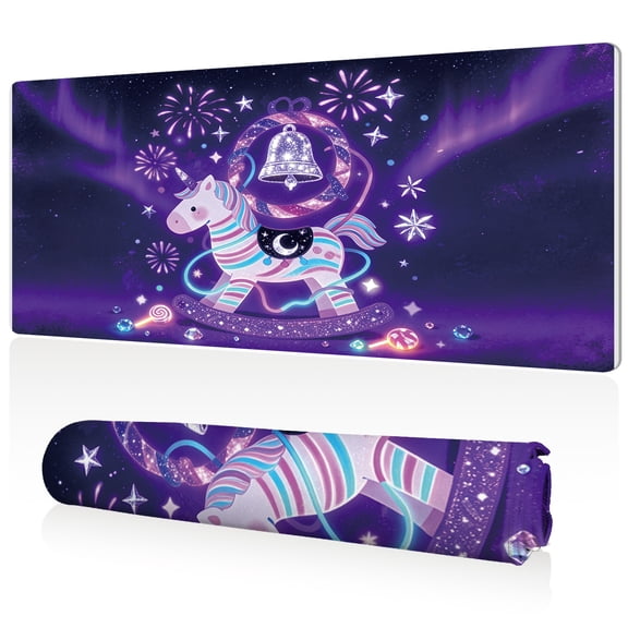 LIVEKEY Mouse Pad 80x40cm Extra Large Non Slip Stitched Edges Full Coverage Durable Easy Clean Cute Unicorn Rocking Horse Sparkles Fireworks Stars Galaxy Art for Gaming Office