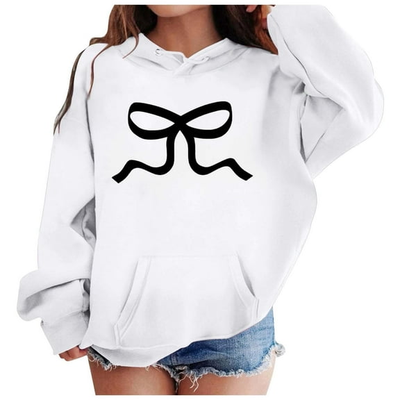 HUITKMM Girls Printed Bow Tie Long Sleeve Hooded Sweatshirt Fashion Casual Pullover Top for Children Youth