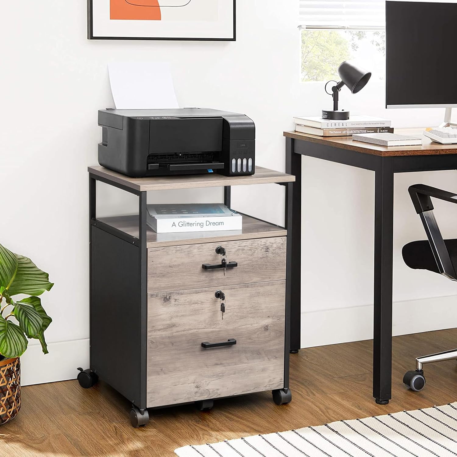 Wooden File Cabinet with 2 Drawers 1 Shelf Bookcase, Filing Cabinet for Legal Letter Storage with Printer Stand for Home Office Lateral File Cabinets Compact Design Wood Black