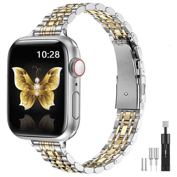 TNYXORIX Slim Metal Band Compatible with Apple Watch Bands 41mm 42mm 40mm 38mm for Women Men,Dressy Stainless Steel Chain Strap for iWatch Bands Series 11 10 9 8 7 6 5 4 3 2 1 SE,Sliver Gold