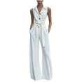 thumbnail image 2 of Maqroz Wide Leg Jumpsuits for Women Dressy Casual Summer Sleeveless Collared Tie Waist Coverall Button Down One Piece Outfits Wide Leg Pant with Pockets White S, 2 of 6