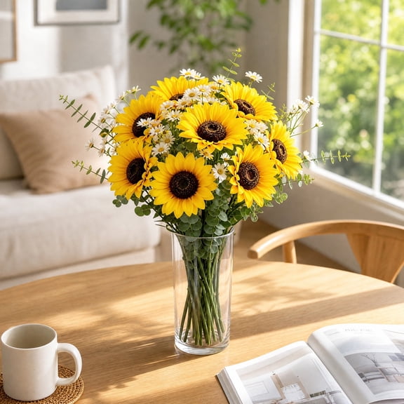 Artificial Sunflower Bouquet, Lifelike Faux Flower Arrangement For Wedding Home Decor Centerpiece Vase Table Display Ornament, Yellow