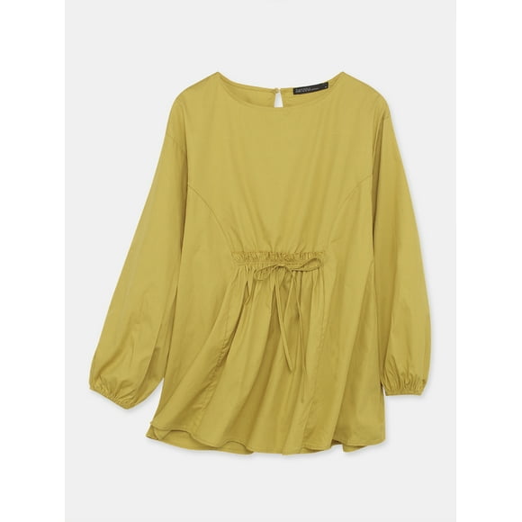 ZANZEA Women Crew Neck Long Sleeve Shirt Tops Lace-Up Pleated-Trim Blouse