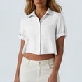thumbnail image 2 of Ruimatai Womens Collared Button Down Short Sleeve Cropped Cotton Linen Blouse Casual Loose Fit Tops with Pockets for Daily Wear Office Vacation, 2 of 7