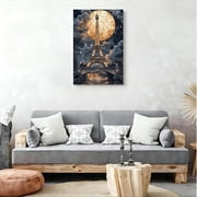 Eiffel Tower Paris Night Stained Glass Style Framed Canvas Wall Art - Romantic Full Moon French Cityscape Prints - Artistic European Travel Home Decor 8*12inch(20*30cm)