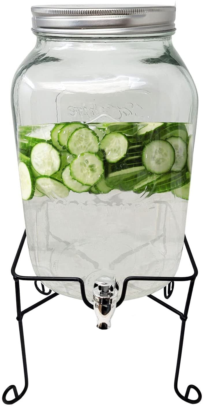Beverage Dispenser 1 Gallon Glass Mason Jar with Metal Stand for Water