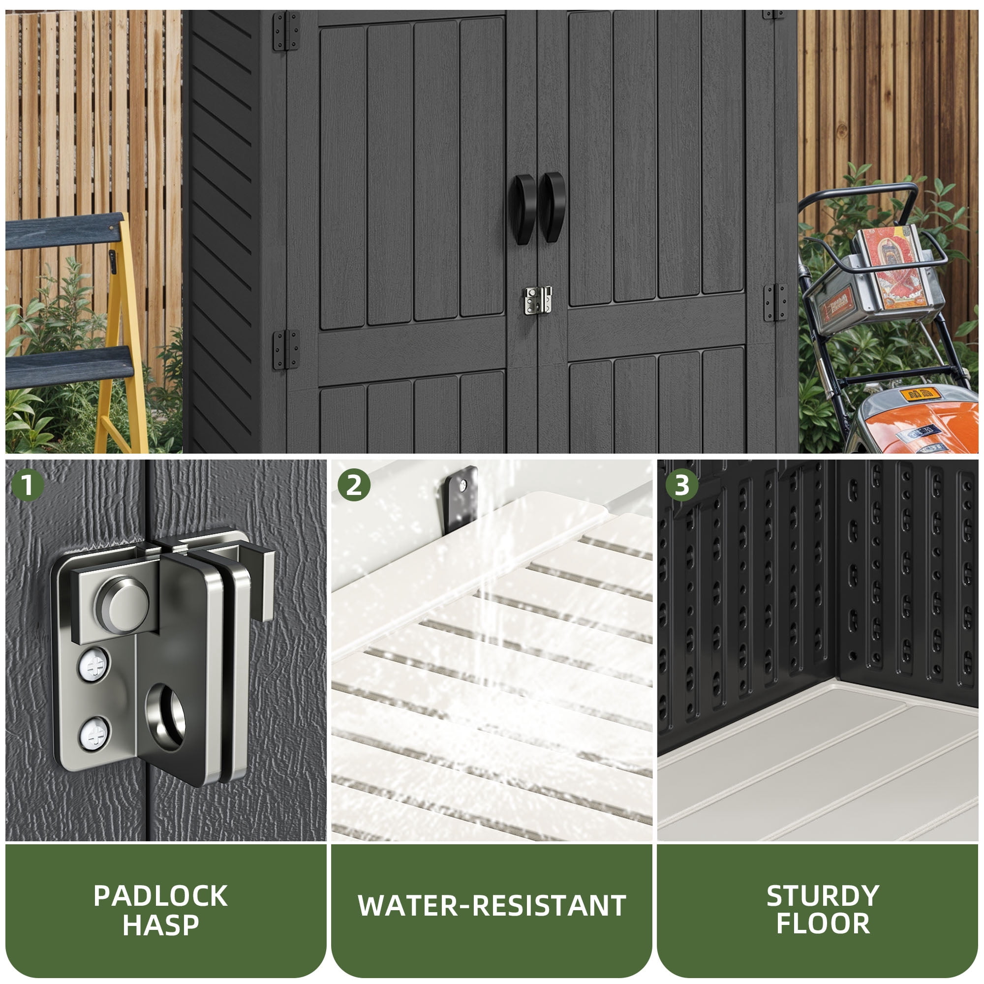 Uforic Outdoor Storage Shed, Vertical Lockable Tool Storage Resin Shed for Garden, Garage, Patio, No Shelves Included, Gray