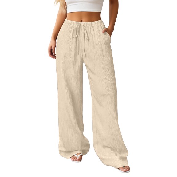 Glisme Women's Pants Solid Color Elastic Waist With Pockets And Drawstring Summer Casual Women Wide Leg Trousers Size L Beige