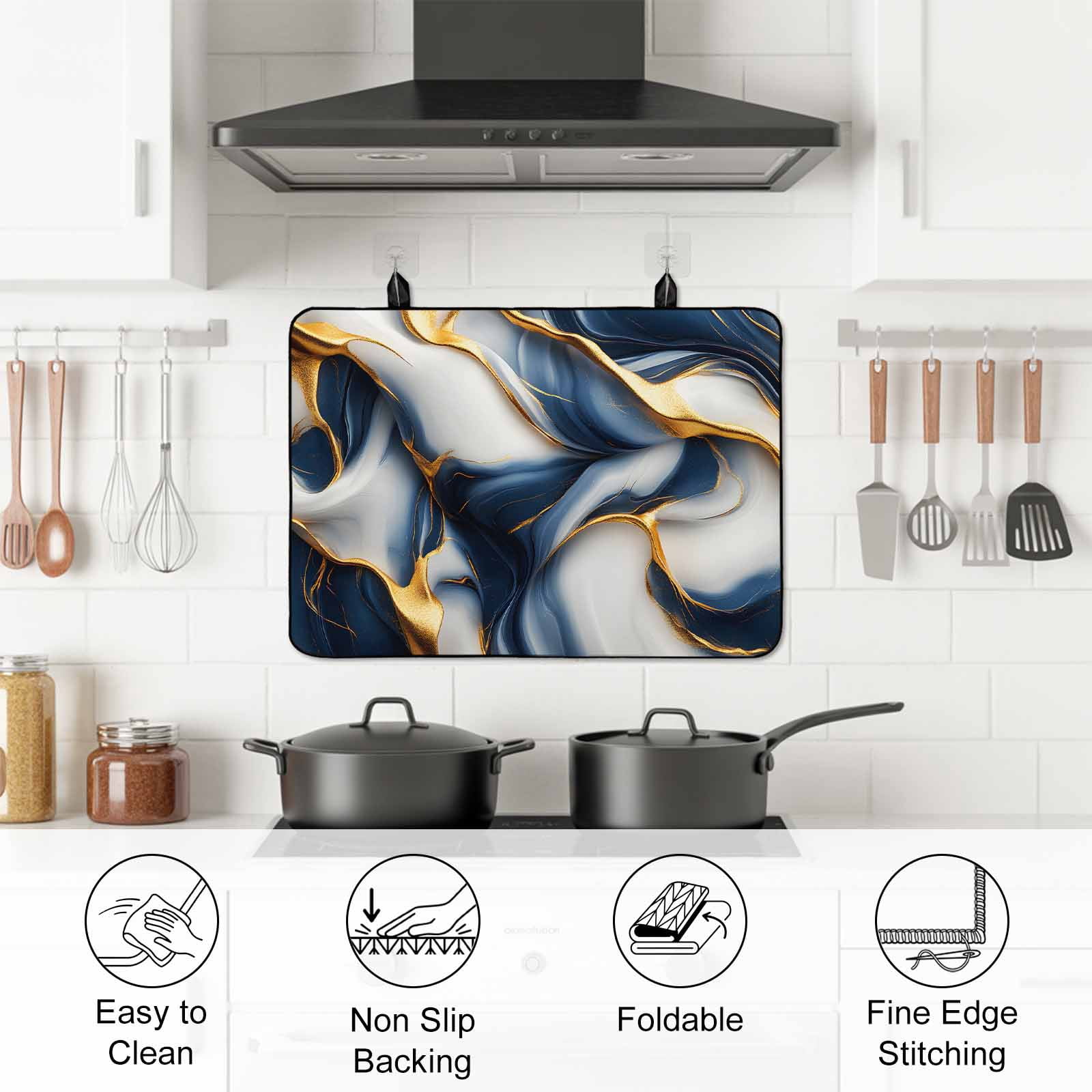 Navy Blue Marble Stove Top Cover for Electric Stove, Heat-proof & Non Slip Glass Top Stove Cover Protector, Gold Modern Art Kitchen Flat Cooktop Rubber Mat 24x21 Inches
