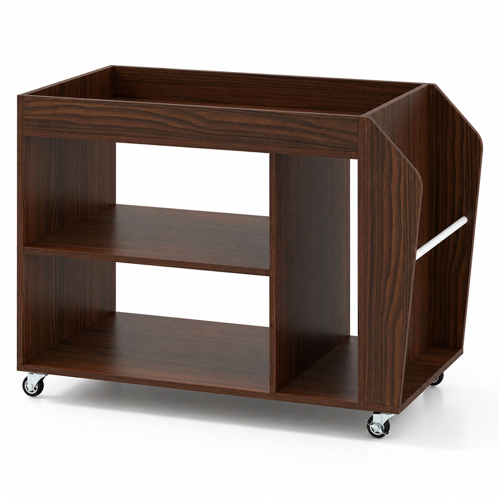 Furnibear 3 Tier Side End Table with Universal Wheels and Side Storage Rack and Guardrail for Living Room Bedroom and Home Office, Walnut