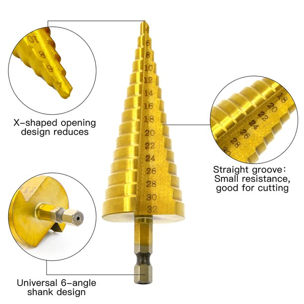 Juego de brocas escalonadas HSS de 3 piezas con revestimiento de titanio, vástago hexagonal universal, 4 mm-12/20/32 mm con bolsa de nylon para plástico, PVC, madera, metal, aluminio, cobre LingWen 9024715785565