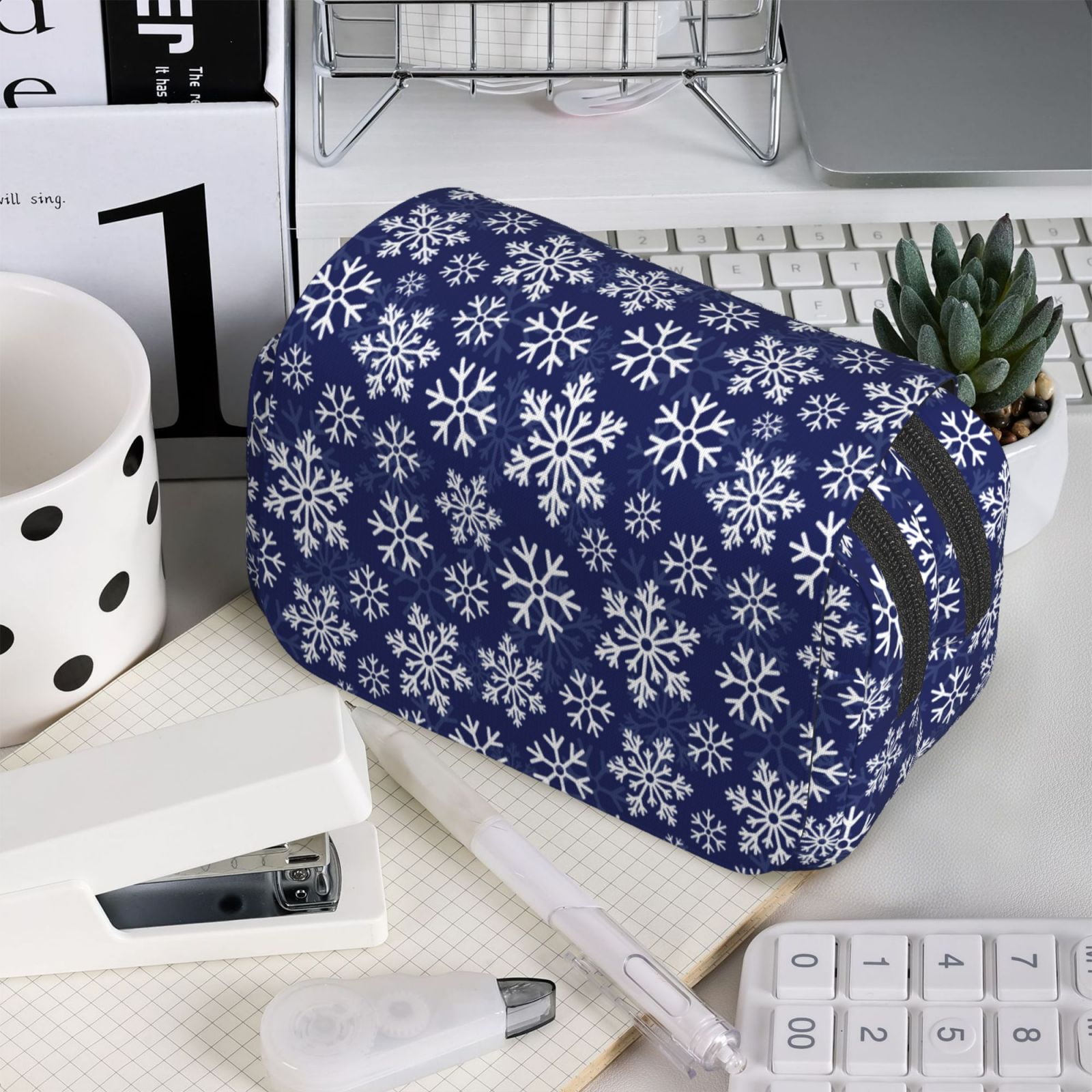 Rateoe Snowflakes On Dark Blue Pattern Double Clamshell Pen Case, Storage Organizer with Two Zipper Compartments– Holds Up to 50 Pencils & Pens
