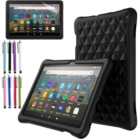 Case for Amazon Fire HD 8 / Fire HD 8 Plus Tablet (10th Generation, 2020 Released) - EpicGadget Silicone Lightweight Diamond Grid Silicone Cover Case + 1 Stylus and 1 Screen Protector (Black)