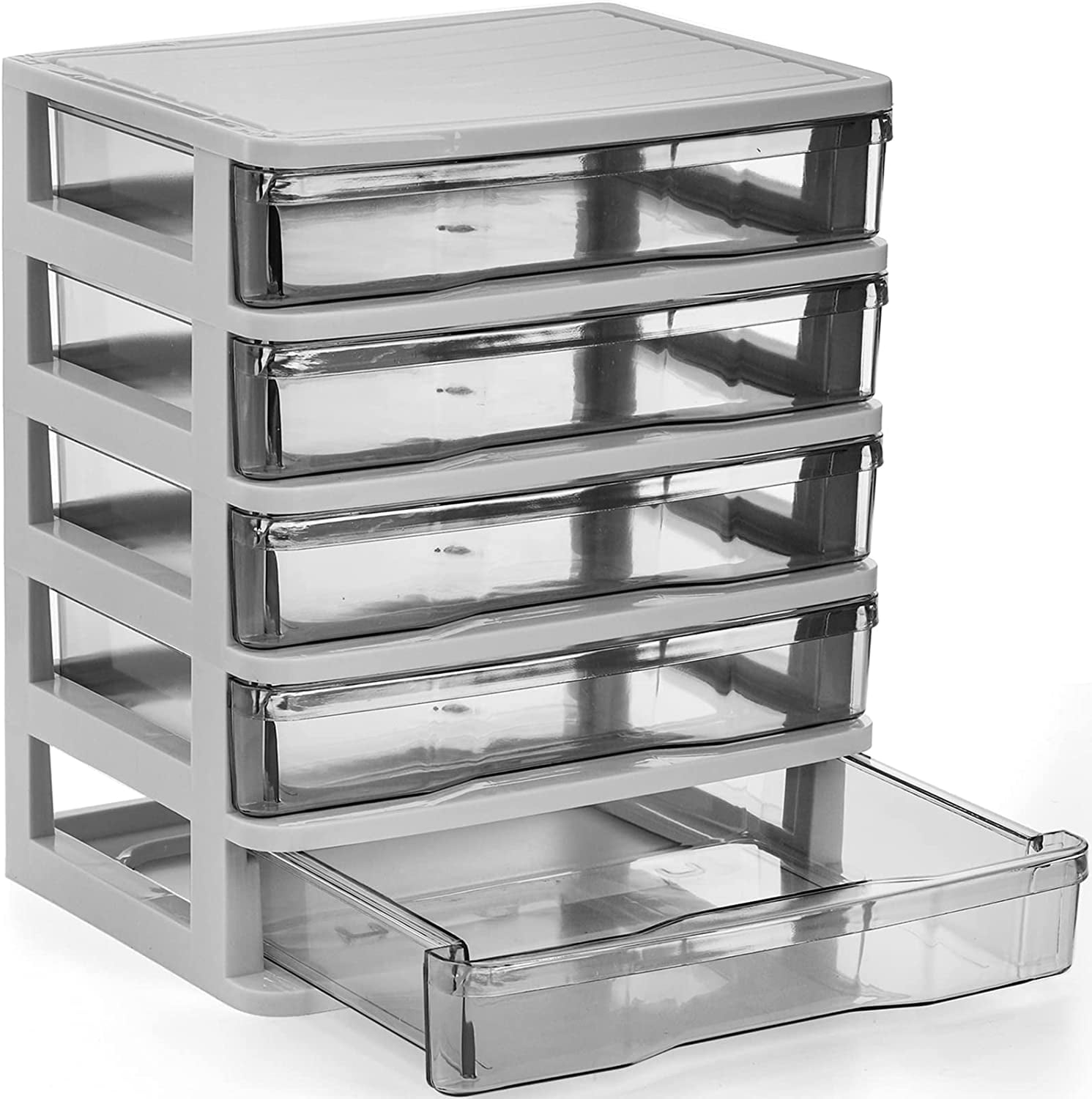 5 Drawer Desktop Storage Bin Unit  Small Plastic Organizer White Frame With Clear Mini Container Case For Desk Storing Craft Accessory Stationery
