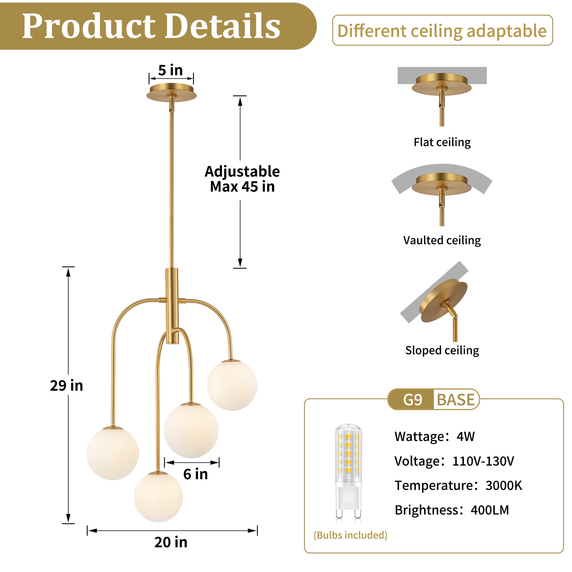 Gold Modern Chandelier Milk Glass Globe 4-Light Chandelier Brass Gold Pendant Light Fixture Industrial Iron Ceiling Light Fixture for Kitchen Island Bedroom