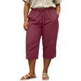 thumbnail image 5 of Women's Plus Size Casual Solid Lace Trim Drawstring 3/4 Pants, Cotton Linen Blend Summer Capris, Soft Elastic Waist Side Pockets, Lightweight Breathable for Work Walking | TruHer,Wine 4XL, 5 of 6