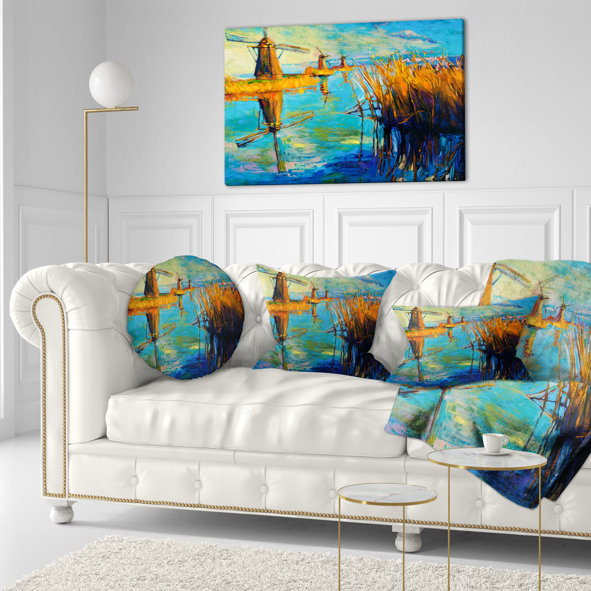 Designart Windmills with Sky and Water - Landscape Printed Throw Pillow - 12x20