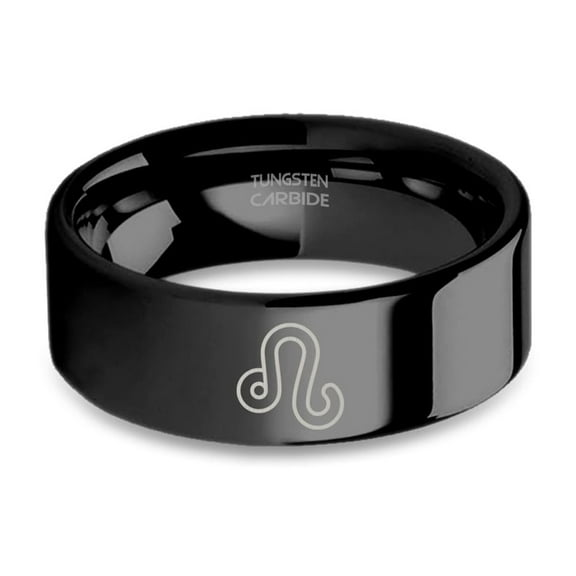 Horoscope Leo Lion Sign Laser Engraved Black Tungsten Ring, 8mm, Size 15