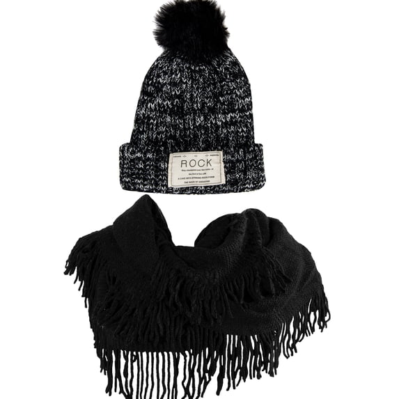 Women's Classic PomPom Warm And Cozy Knitted Beanie and Soft Plush Infinity Scarf Bundle