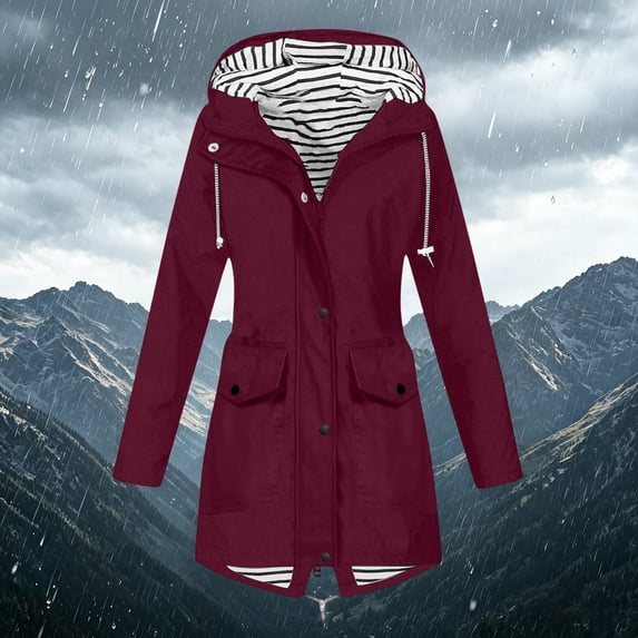 Hooded Rain Jacket for Women Long Sleeve Zipper with Pockets Waterproof Windbreaker Outdoor Casual Softshell Jacket Coat