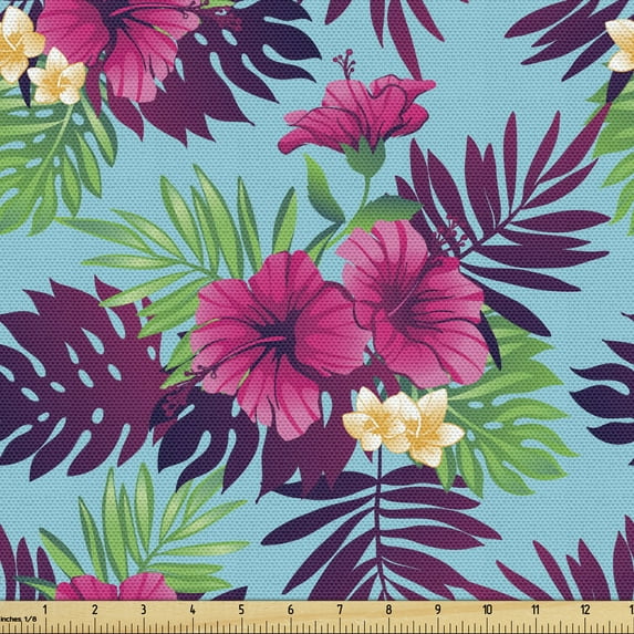 Jungle Fabric by the Yard, Vibrant Colored Exotic Paradise Flowers and Forest Leaves on Aqua Shade Background, Decorative Upholstery Fabric for Sofas and Home Accents, 5 Yards, Multicolor by Ambesonne