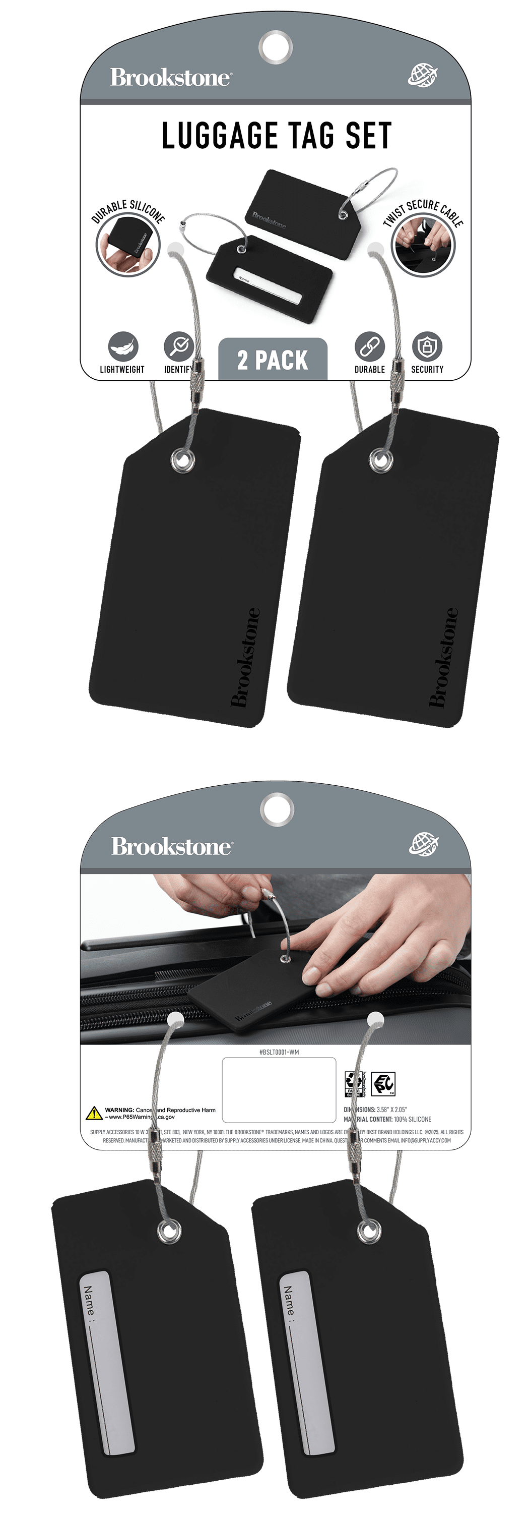 Brookstone 2 Piece Silicone Luggage Tag Set, Adult, Rectangle, Black