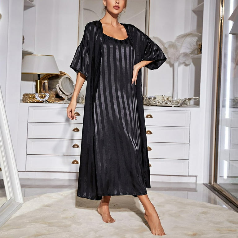 LBECLEY Womens Satin Robes Long Plus Size Solid Color Striped