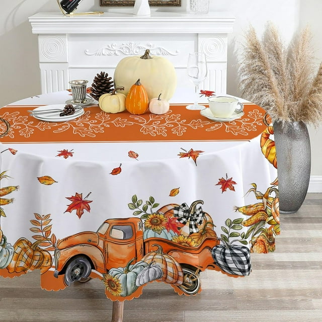 Fall Round Tablecloth 70 inches, Water Resistant Thanksgiving Table Cloth - Orange Fall Decorations for Home - Orange Pumpkins Fall Decor for Home, Table, Dinning