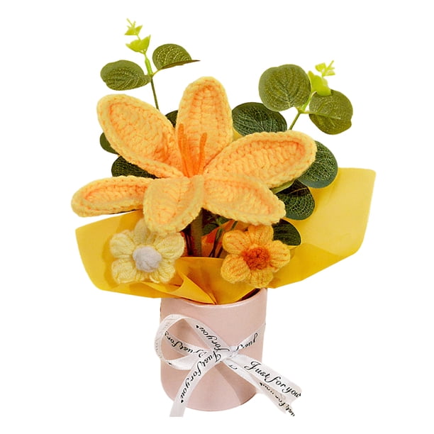 Ramo de flores de ganchillo hecho a mano, ramo de punto artificial, girasol falso, clavel, tulipán, flores de hojaldre, regalos para madre, esposa en cumpleaños, aniversario