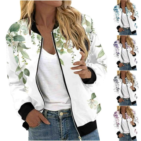 Feancey Ladies Floral Jackets Lightweight Casual Plus Size Bomber Jacket Women Fall Long Sleeve Collarless Thin Coat Windproof Outerwear with Pockets Pink L