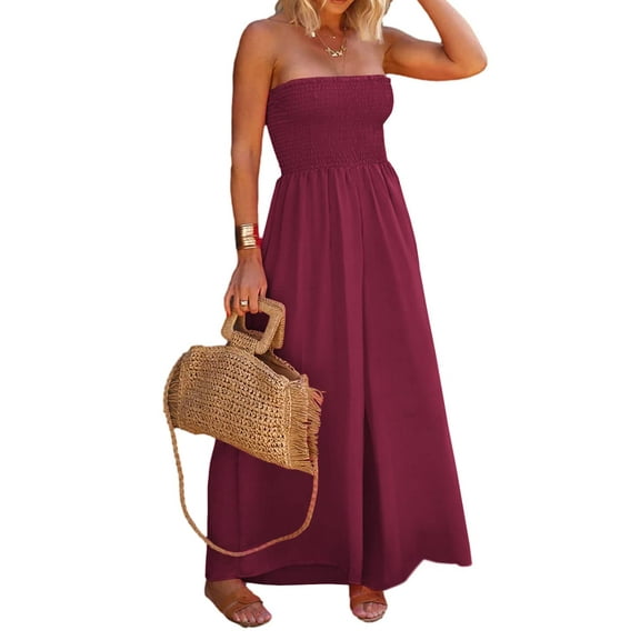 Sherrylily Women Sleeveless Strapless Wide Leg Jumpsuits Summer Casual Loose Smocked Chiffon Jumpsuit Rompers with Pockets