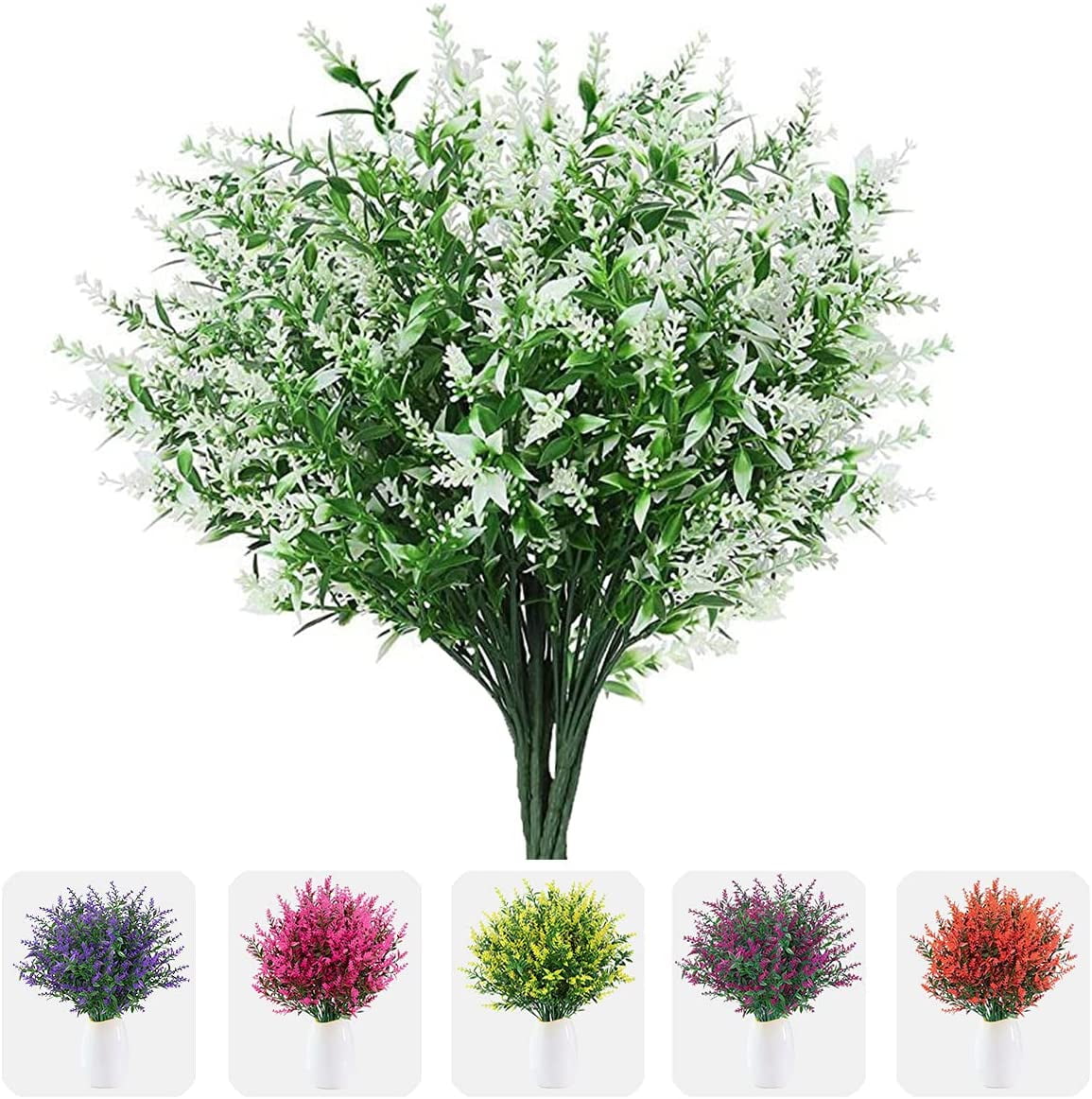 Sinhoon 16 Bundles Artificial Lavender Flowers for Outdoor Decoration, UV Resistant Fake Shrubs Garden Indoor Outdoor Decor (White)